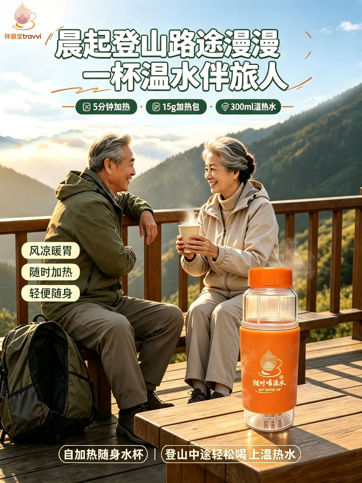登山中途看台，一杯温水伴旅人